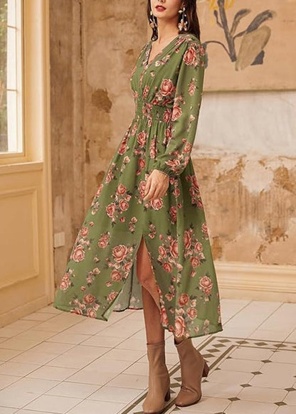 New Pink V Neck Print Front Open Dresses Long Sleeve AU1032