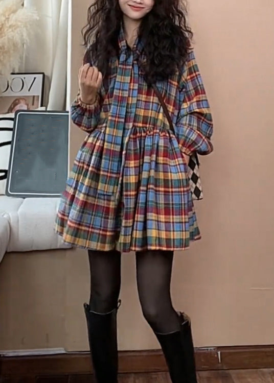 Neue Plaid Krawatte Taille Faltig Wollhemden Kleid Frühling TN039