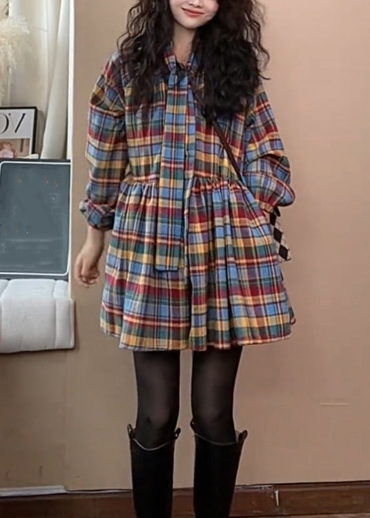 Neue Plaid Krawatte Taille Faltig Wollhemden Kleid Frühling TN039