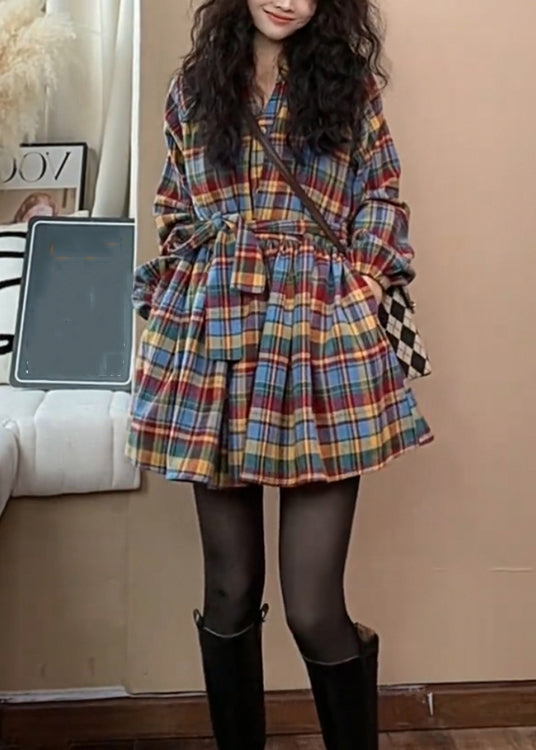 Neue Plaid Krawatte Taille Faltig Wollhemden Kleid Frühling TN039