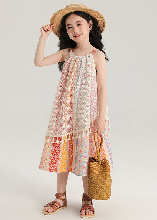 New Print Tasseled Hollow Out Knitting Cotton Girls Dress Sleeveless TT013