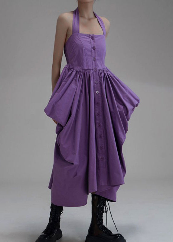 New Purple Asymmetrical Wrinkled Button Cotton Long Dress Sleeveless Ada Fashion