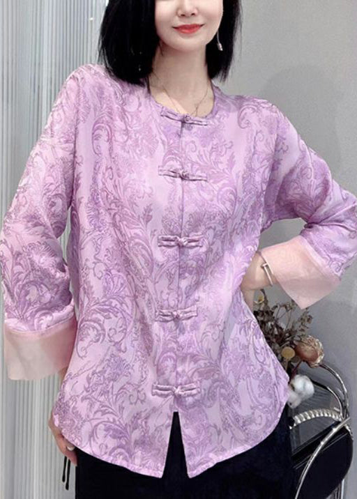 New Purple Button Print Silk Cotton Shirts Long Sleeve Ada Fashion