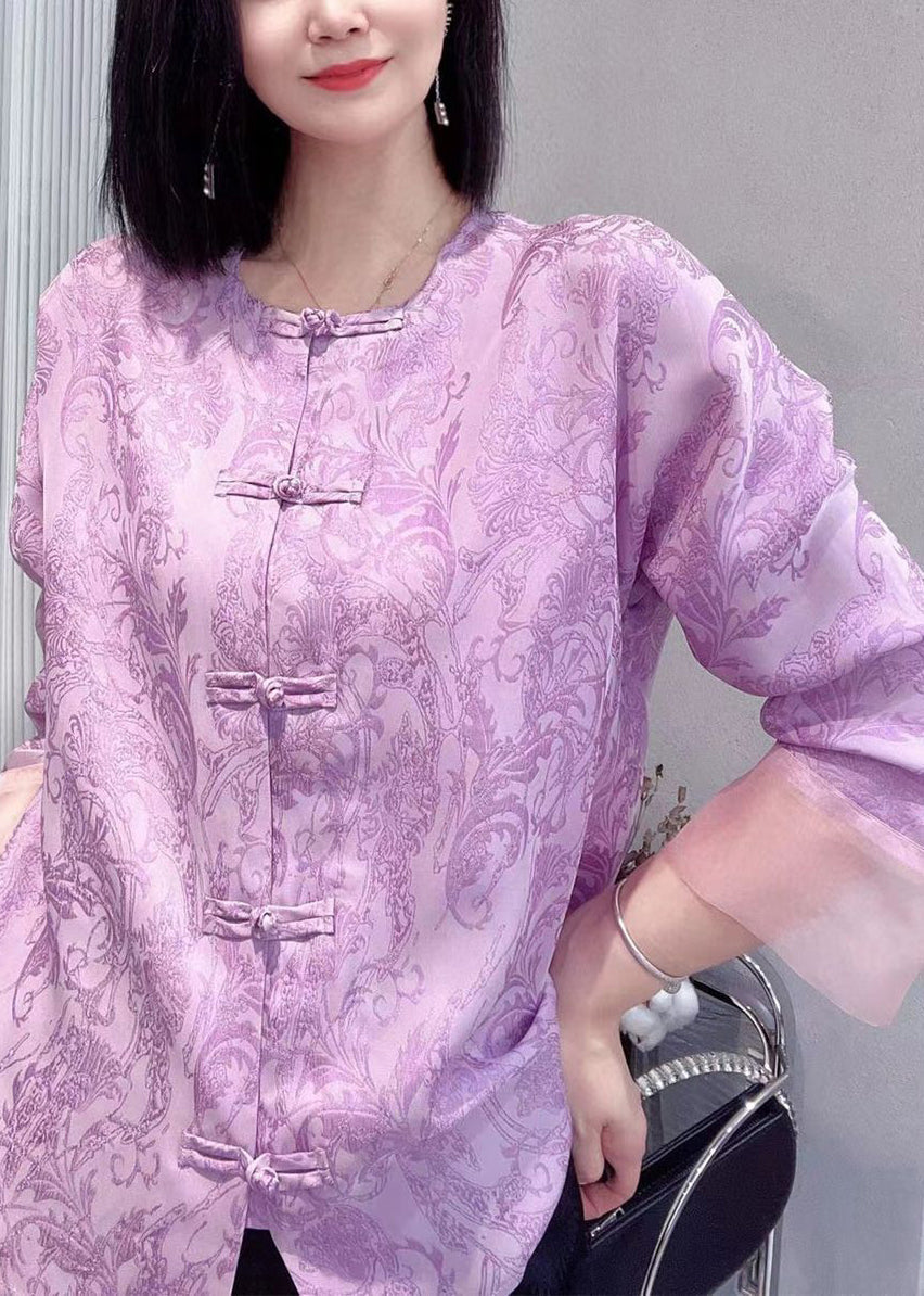 New Purple Button Print Silk Cotton Shirts Long Sleeve Ada Fashion