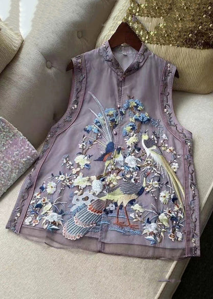 New Purple Embroidered Button Tulle Waistcoat Sleeveless QE015