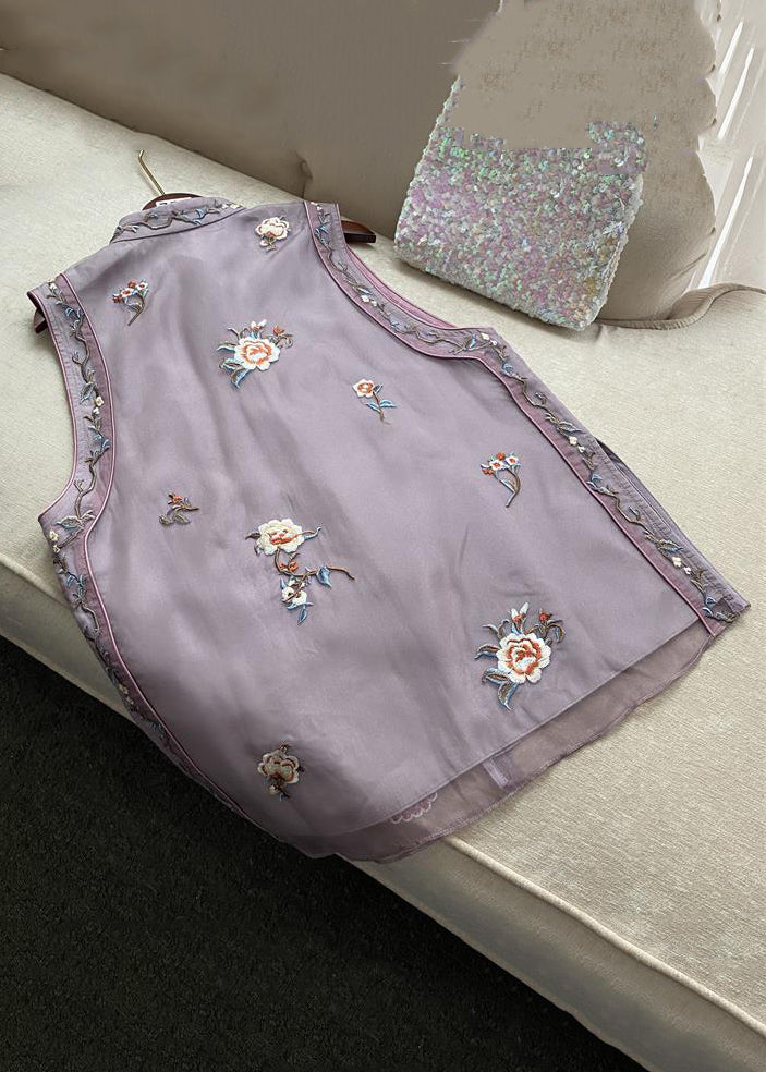 Nouveau gilet en tulle brodé violet sans manches QE015