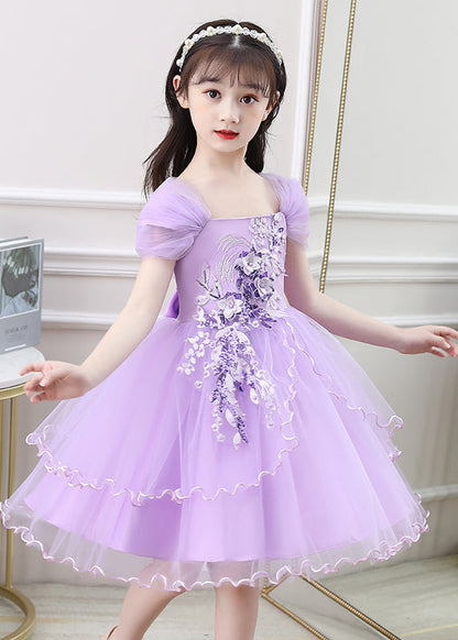 New Purple Embroideried High Waist Tulle Girls Vacation Maxi Dresses Summer EW013