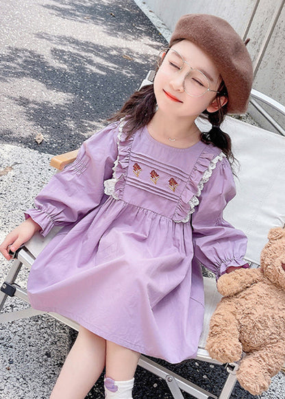 New Purple O-Neck Ruffled Cotton Girls Dress Flare Sleeve XZ052