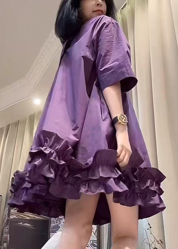 Neck Summer Ruffled Cotton Dresses O New Mid Patchwork Purple