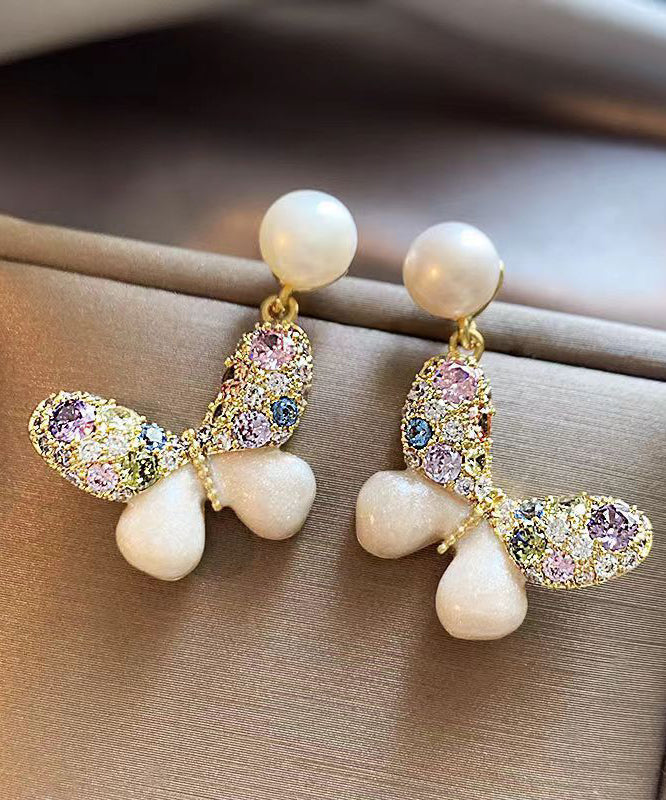 New Rainbow Alloy Zircon Pearl Butterfly Stud Earrings WH047