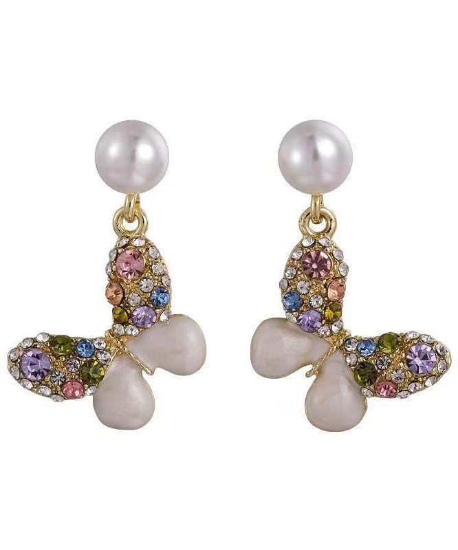 New Rainbow Alloy Zircon Pearl Butterfly Stud Earrings WH047