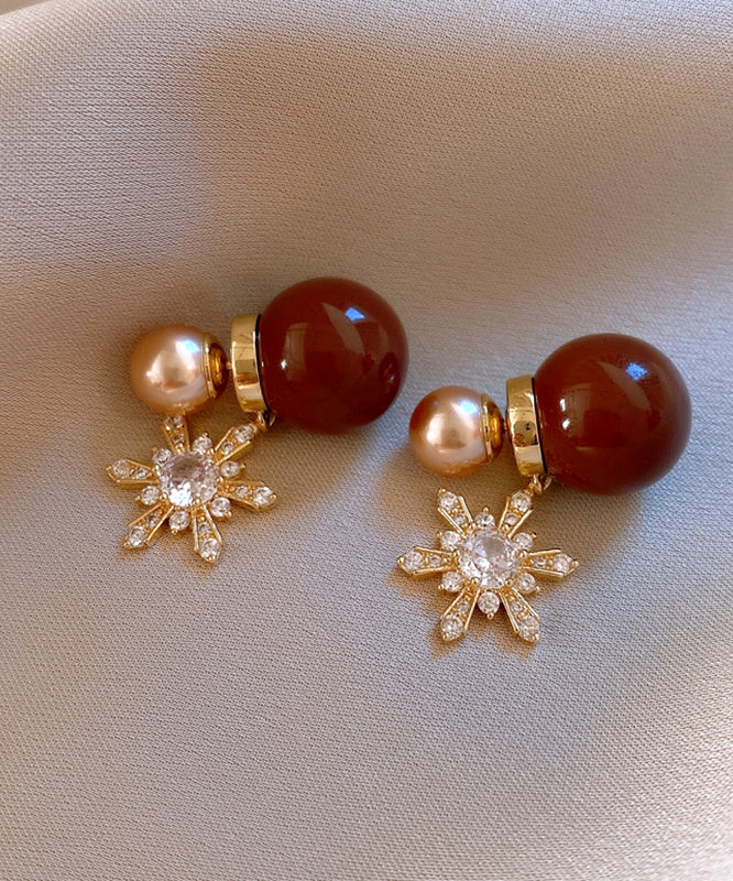 New Red Copper Zircon Pearl Snowflake Stud Earrings RB019