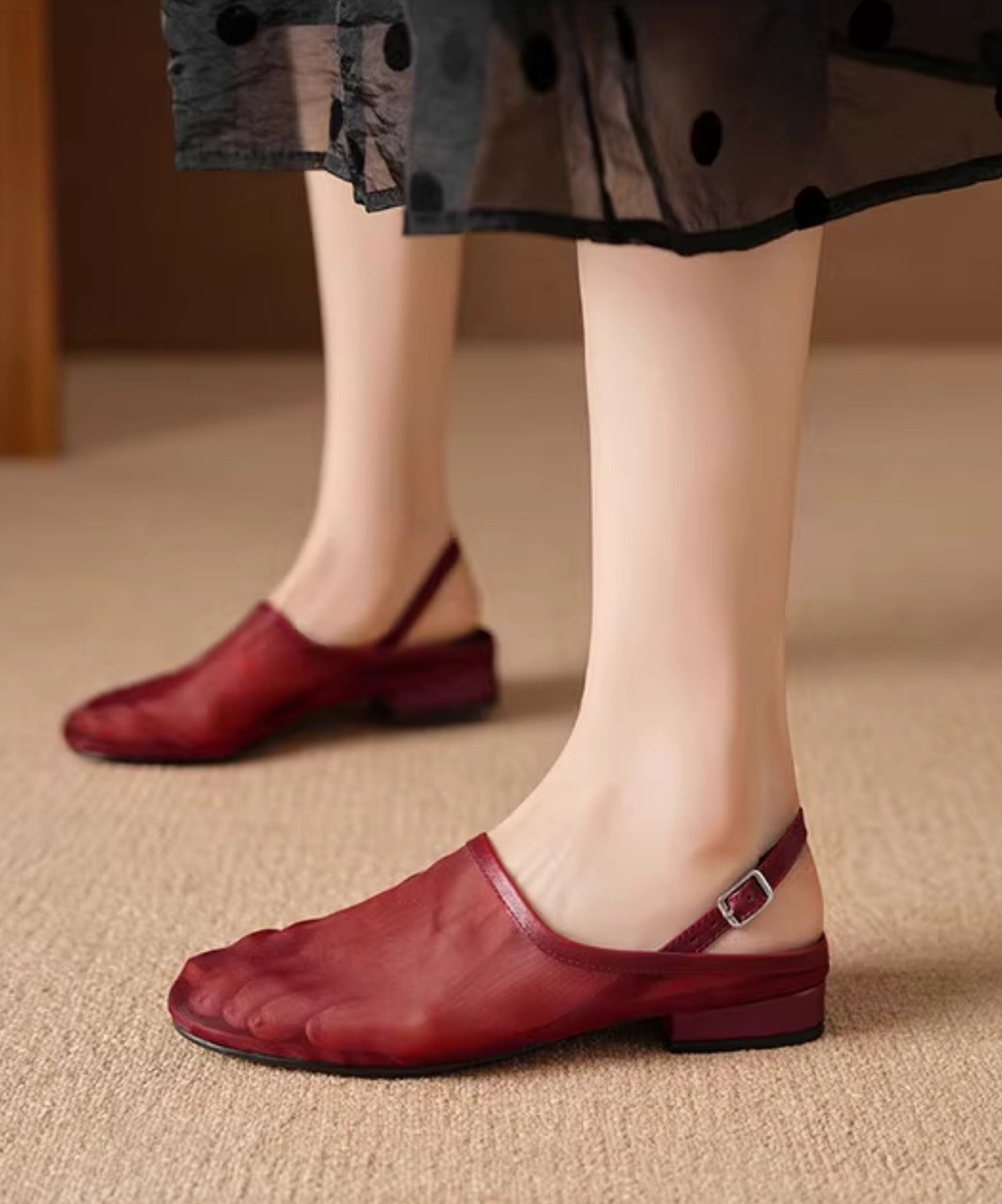 Leather Sandals Red Walking Tulle New Cowhide Splicing