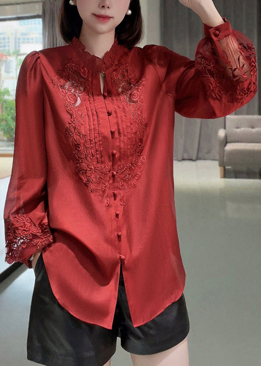 New Red Embroidered Ruffled Button Cotton Shirt Long Sleeve Ada Fashion