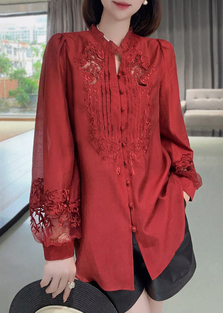 New Red Embroidered Ruffled Button Cotton Shirt Long Sleeve Ada Fashion