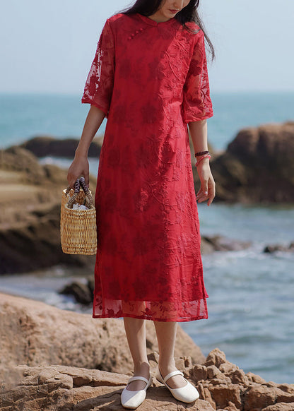 New Red Embroidered Side Open Dresses Half Sleeve QE025