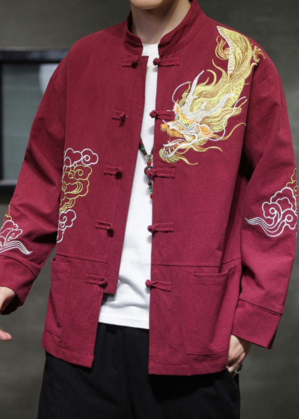 New Red Embroideried Button Pockets Cotton Men Shirts Fall WJ037