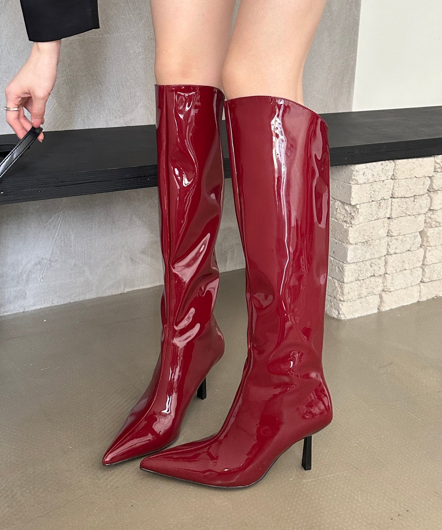 Stiletto Knee New Red Faux Leather Toe Boots Pointed