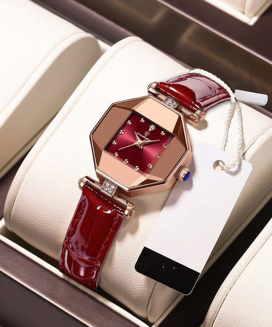 Mouvement Cuir Rouge Verre Trempé Neuf Étanche Quartz Minéral