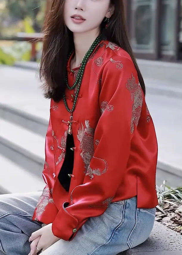 New Red O Neck Button Print Silk Coat Long Sleeve Ada Fashion