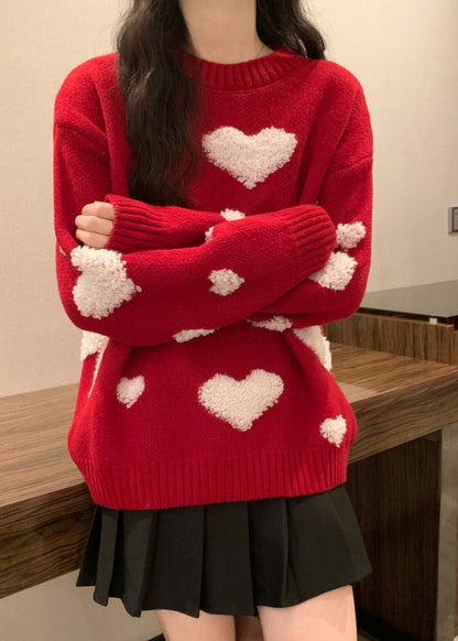 New Red O Neck Heart Jacquard Thick Knit Sweaters Winter RG043