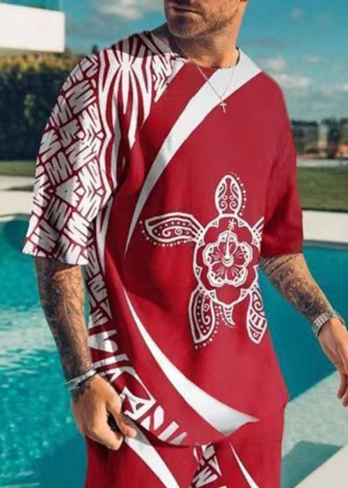 Neu Rot O Neck Print Baumwolle Männer Zwei Stücke Set Sommer HG054