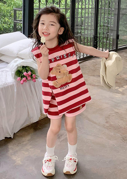 New Red O-Neck Striped Kids Top And Shorts Two Pieces Set Summer SS1020