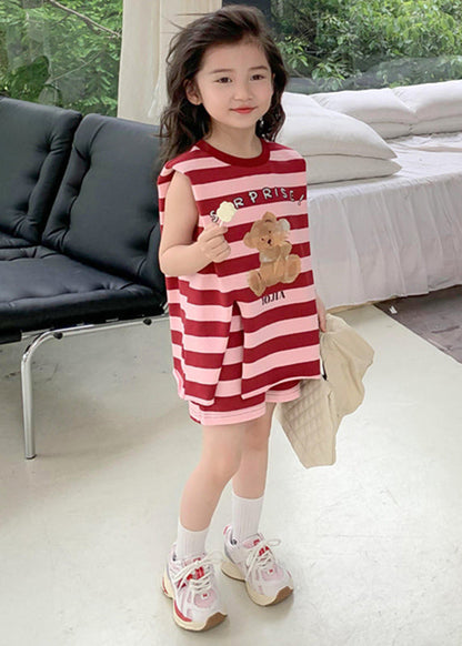 New Red O-Neck Striped Kids Top And Shorts Two Pieces Set Summer SS1020