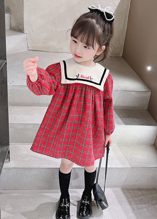 New Red Plaid Button Cotton Girls Dress Fall XZ097