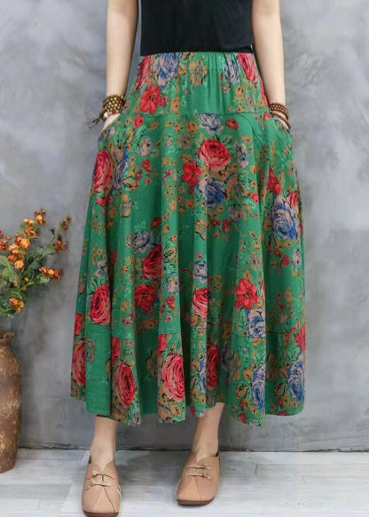 New Red Print Pockets Elastic Waist Cotton Skirt Summer RE047