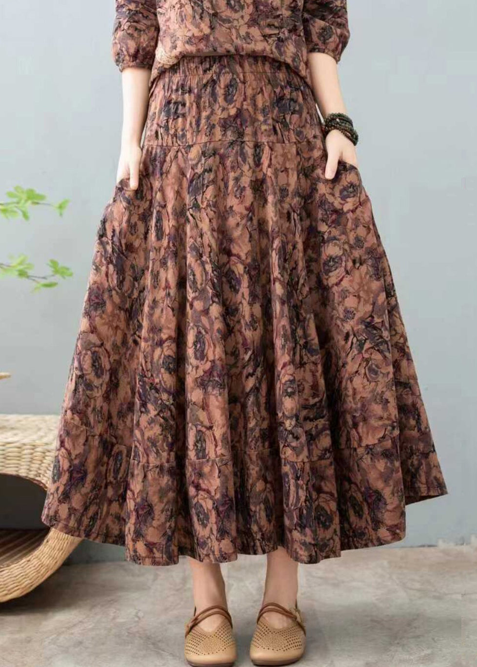 New Red Print Pockets Elastic Waist Cotton Skirt Summer RE047