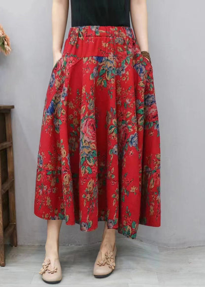 New Red Print Pockets Elastic Waist Cotton Skirt Summer RE047