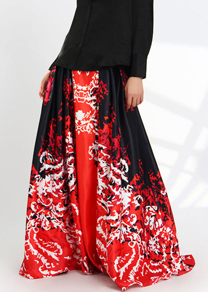 New Red Print Pockets High Waist Silk Skirts Spring Ada Fashion