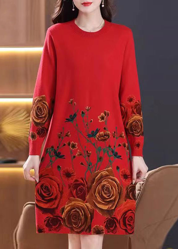 Neue rote Print Side Open Wolle Strickkleider Langarm TB011