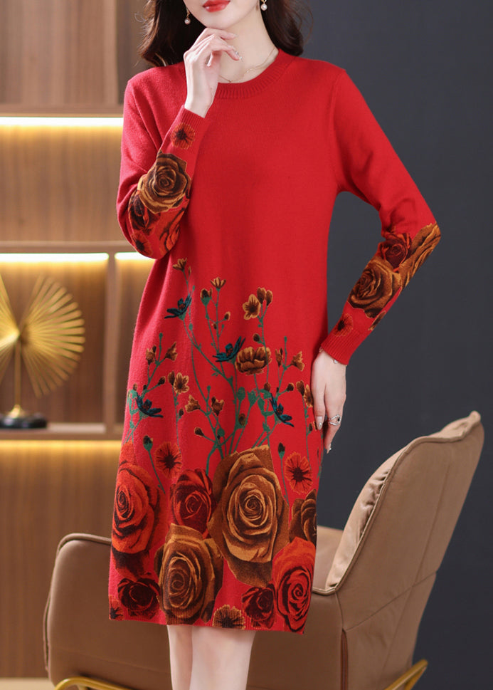 Neue rote Print Side Open Wolle Strickkleider Langarm TB011