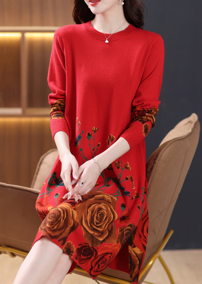 Neue rote Print Side Open Wolle Strickkleider Langarm TB011