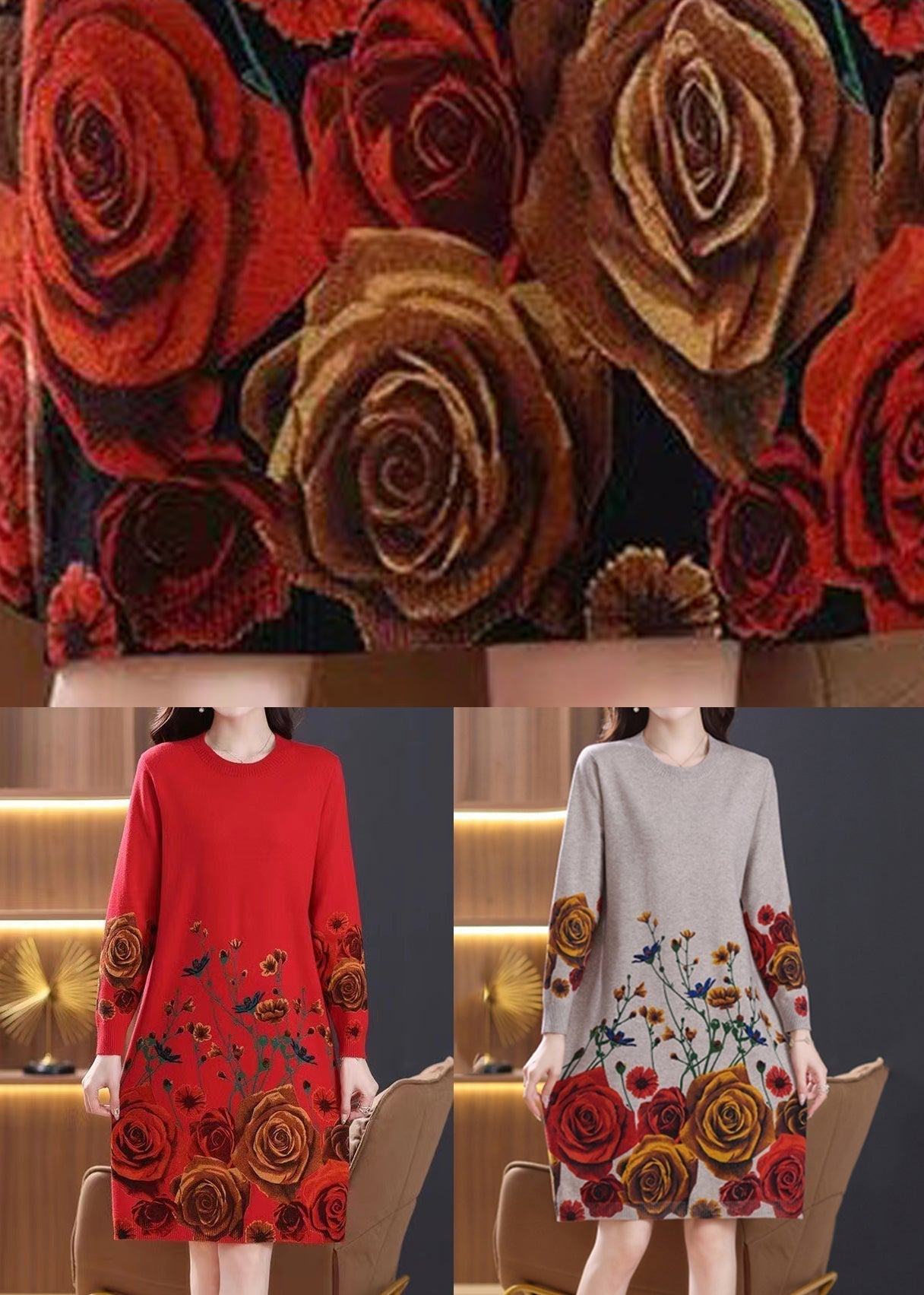 Neue rote Print Side Open Wolle Strickkleider Langarm TB011