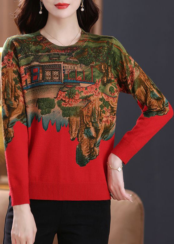 Neues Stricktop mit rotem Aufdruck und Zirkon-Patchwork, Frühling TB018