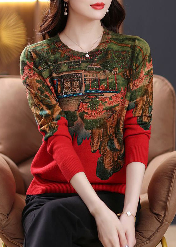 Neues Stricktop mit rotem Aufdruck und Zirkon-Patchwork, Frühling TB018