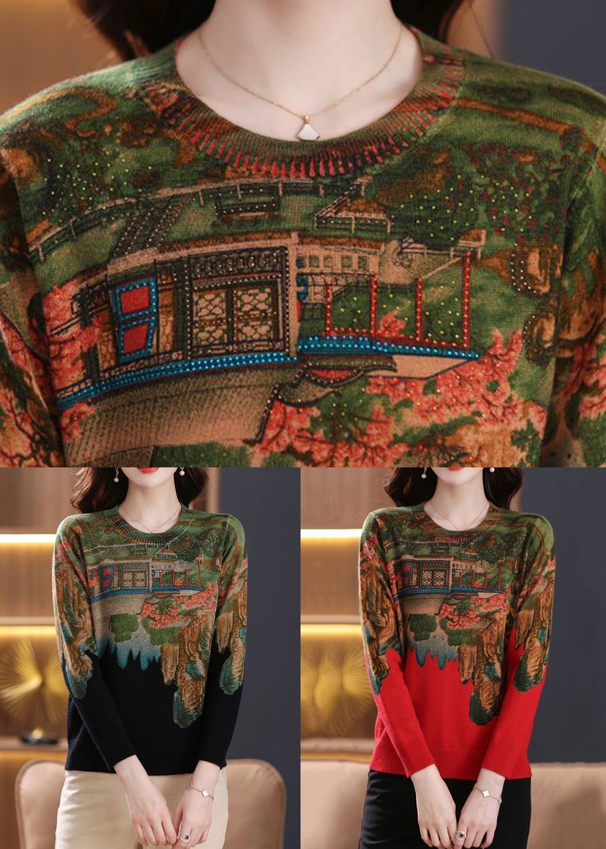 Neues Stricktop mit rotem Aufdruck und Zirkon-Patchwork, Frühling TB018