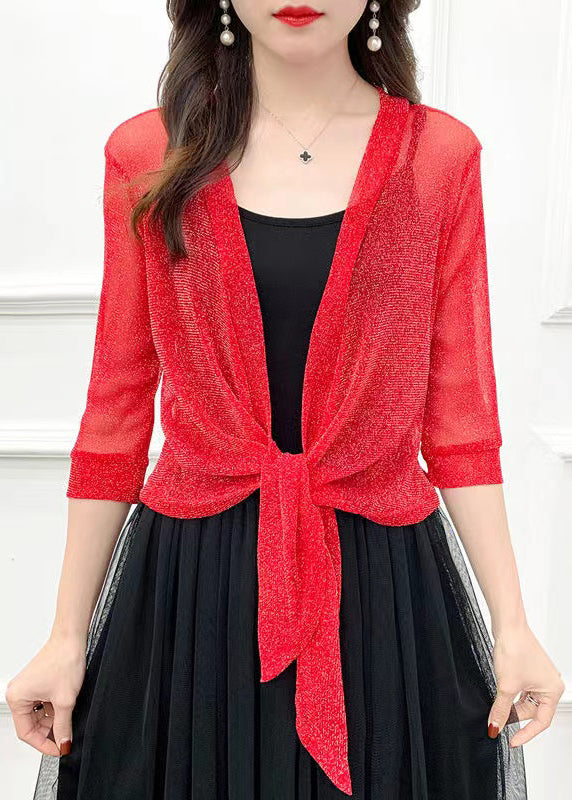 New Red Solid Lace Up Tulle Cardigan Half Sleeve Ada Fashion