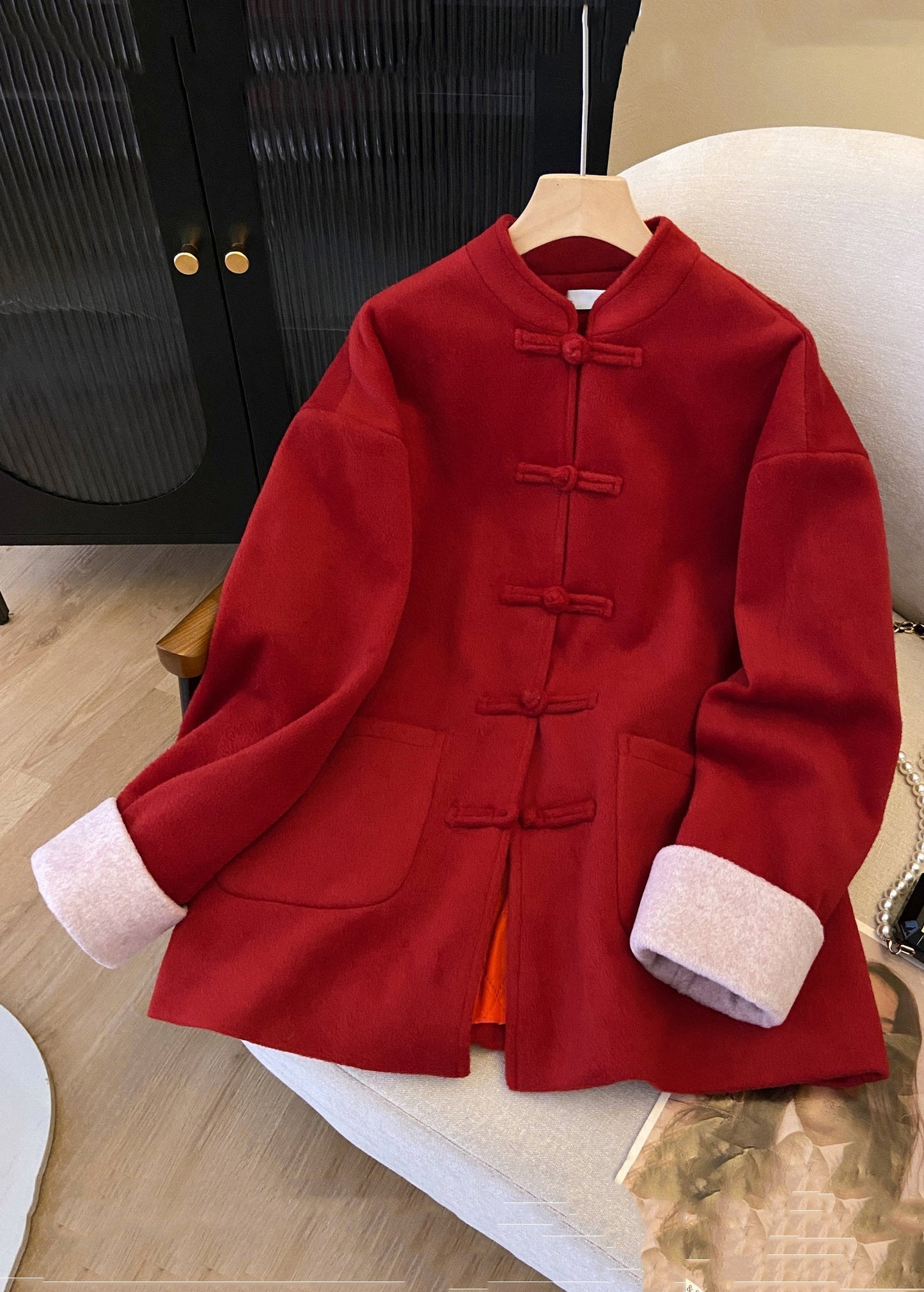 New Red Stand Collar Button Pockets Thick Woolen Coats Winter QO031