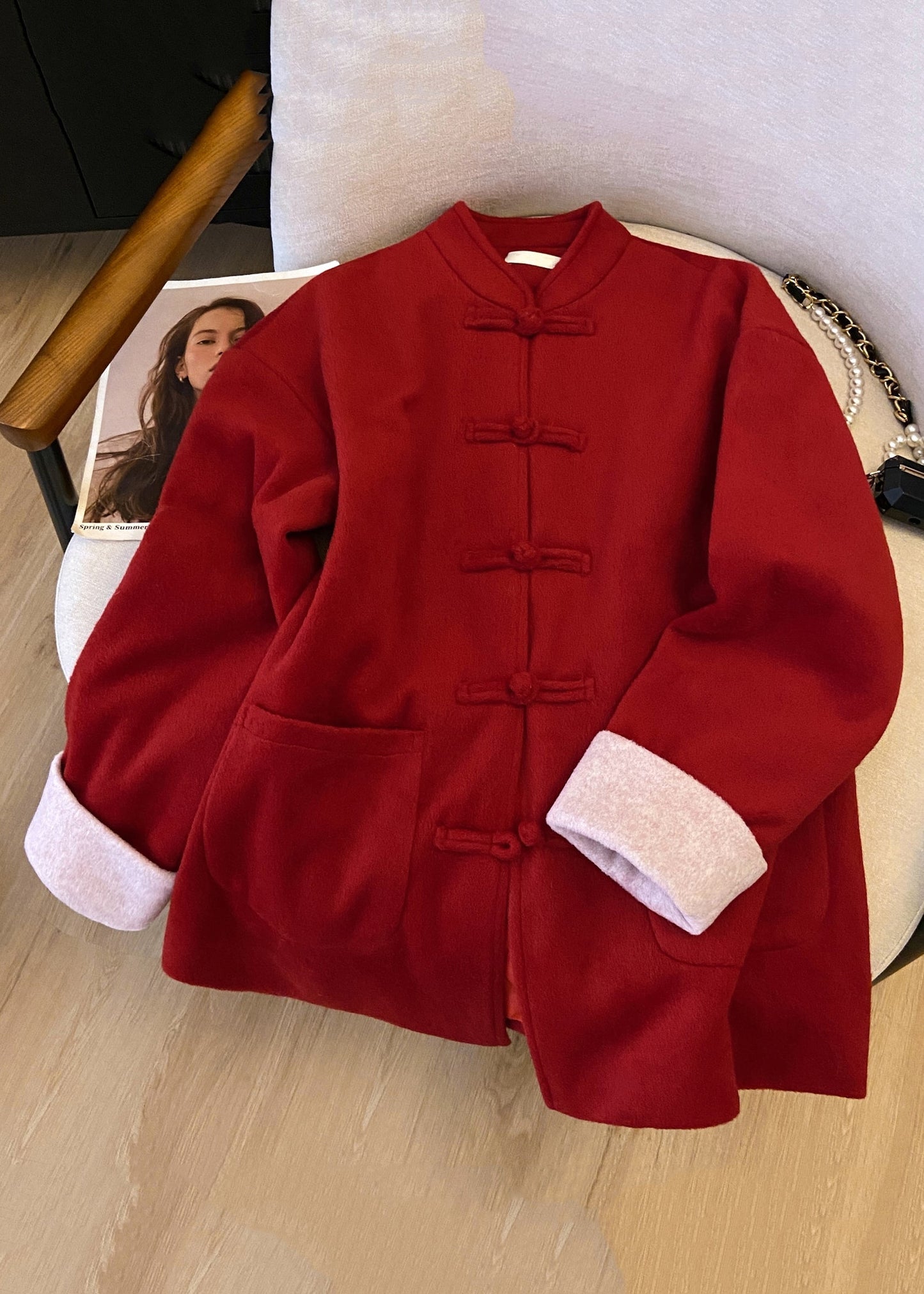 New Red Stand Collar Button Pockets Thick Woolen Coats Winter QO031