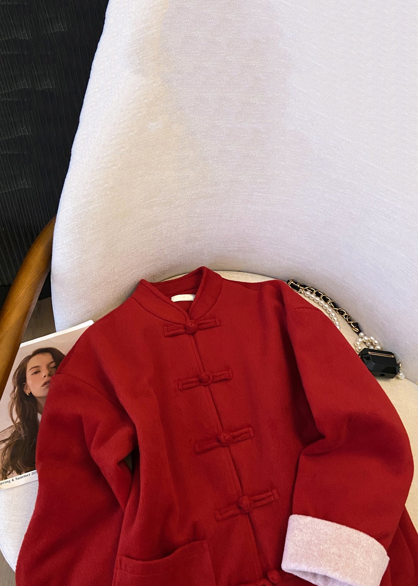 New Red Stand Collar Button Pockets Thick Woolen Coats Winter QO031