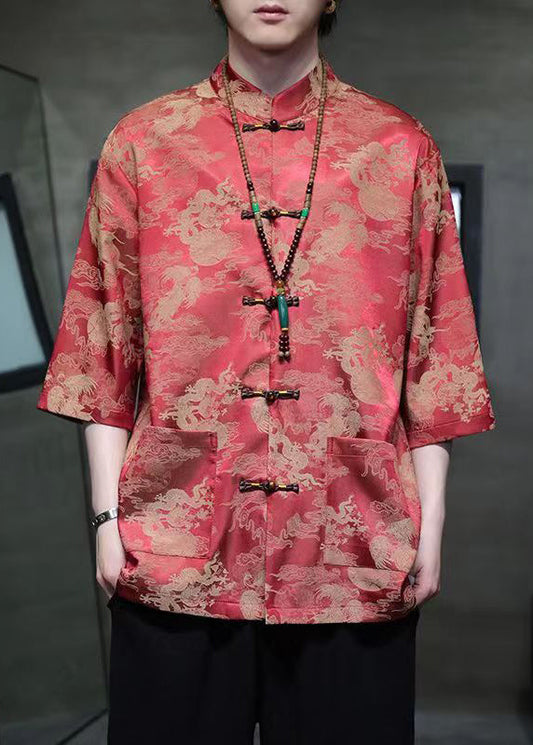 New Red Stand Collar Print Ice Silk Men Shirts Half Sleeve YT064