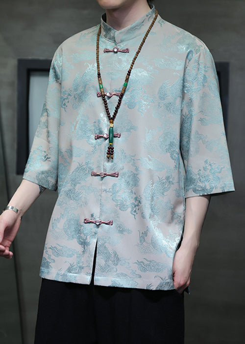 New Red Stand Collar Print Ice Silk Men Shirts Half Sleeve YT064