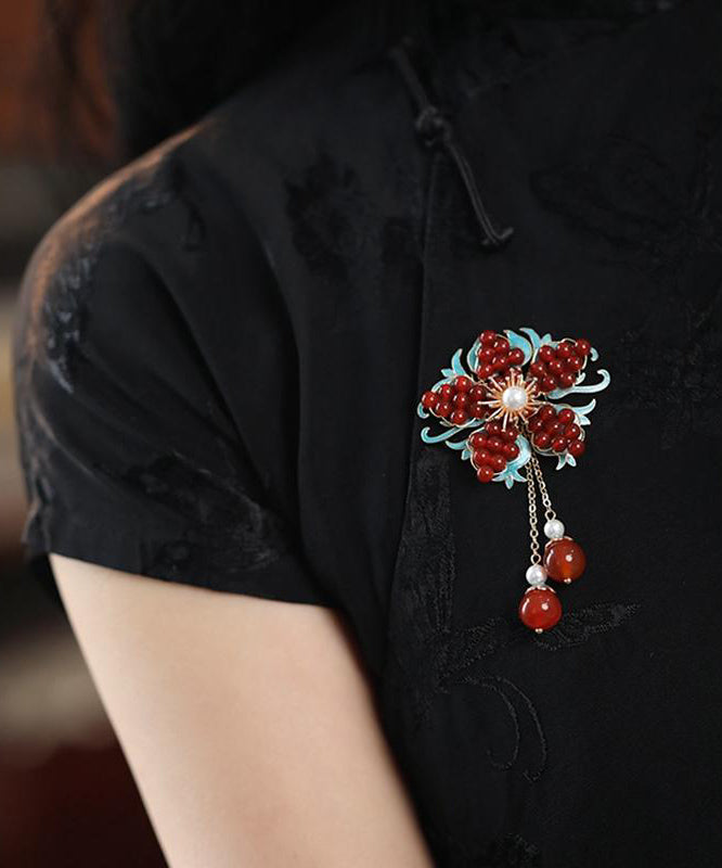 New Red Sterling Silver Overgild Pearl Crystal Tassel Brooches TX045