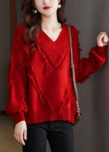 New Red Tasseled Cozy Wool Knit Sweater Fall QS005