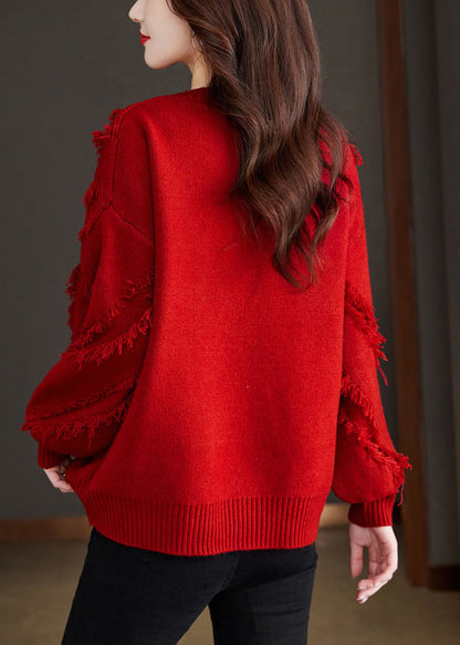 New Red Tasseled Cozy Wool Knit Sweater Fall QS005