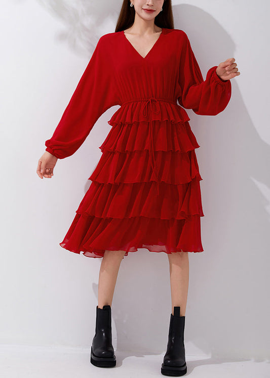 New Red V Neck Elastic Waist Chiffon Pleated Dresses Fall AM1019